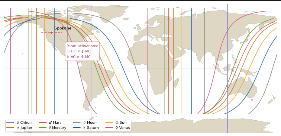 A real astrocartography world map from an actual Cosmic Relocation Blueprint, showing planetary lines and paran activations for a real city
